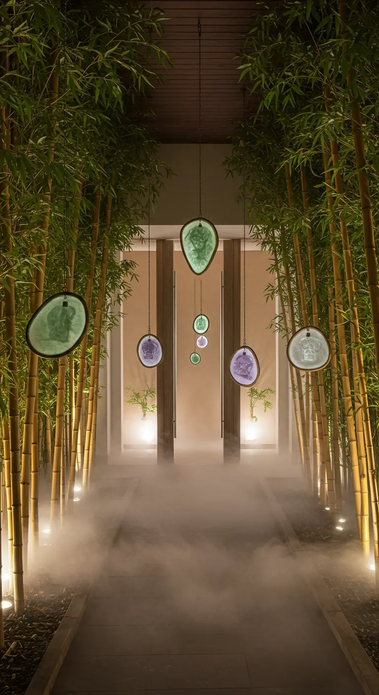 Several softly glowing resin spinners in green and purple hanging in a misty bamboo grove.