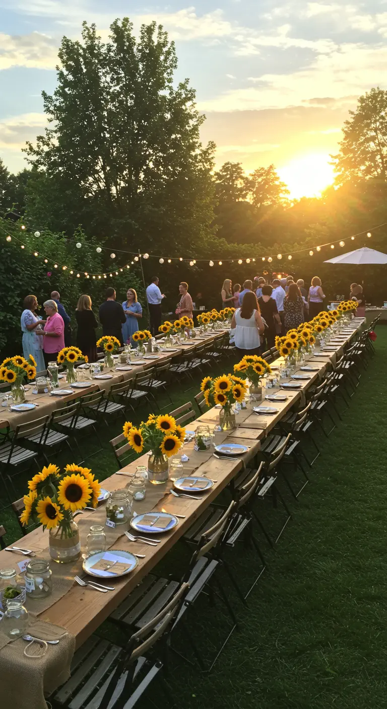 Long banquet tables set up for an outdoor party, with repeating sunflower centerpieces.