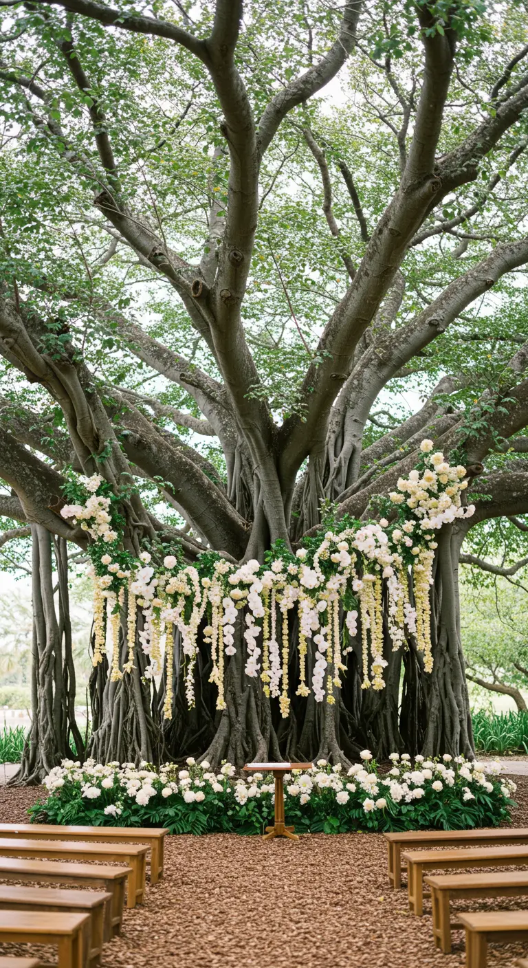 A large banyan tree decorated with a dramatic garland of cascading white and yellow flowers.