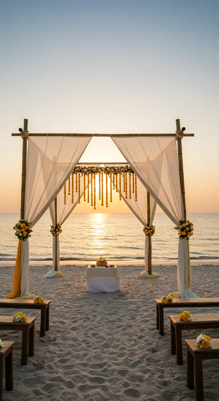 A simple bamboo wedding arch with marigolds on a beach at sunset.