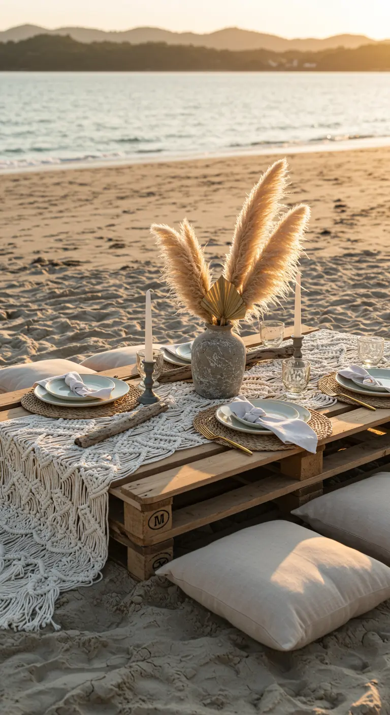 Beach picnic setup on a pallet table with a macramé runner and floor cushions.
