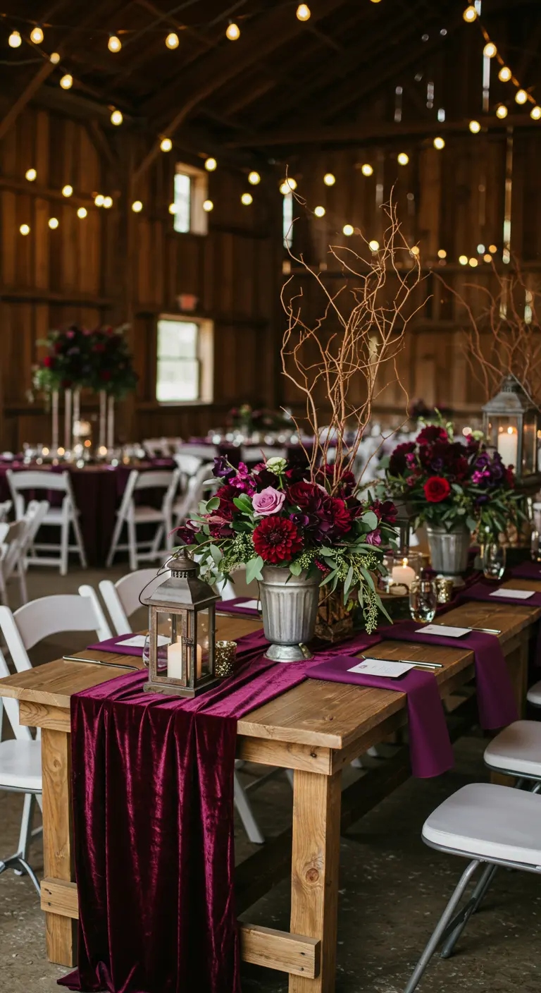Barn wedding with wooden tables, purple velvet runners, dark floral centerpieces, and decorative branches.