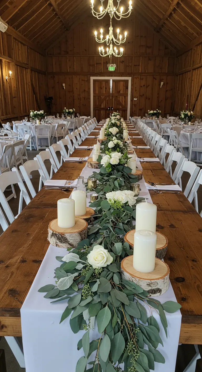 Long wooden table in a barn with a eucalyptus garland and candles on wood slices.