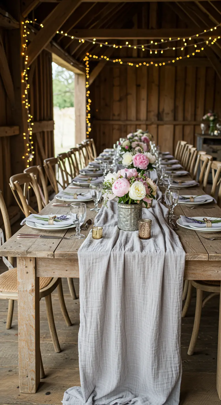 Rustic barn table with a gray linen runner, peonies, and overhead string lights.
