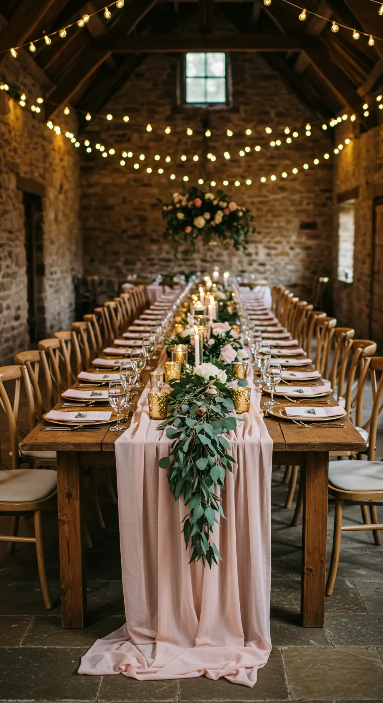 Long rustic wooden table in a stone barn with cascading eucalyptus, candles, and string lights.