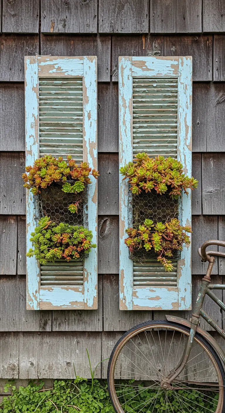 Two heavily distressed blue shutters with overflowing succulents on a weathered wood wall.