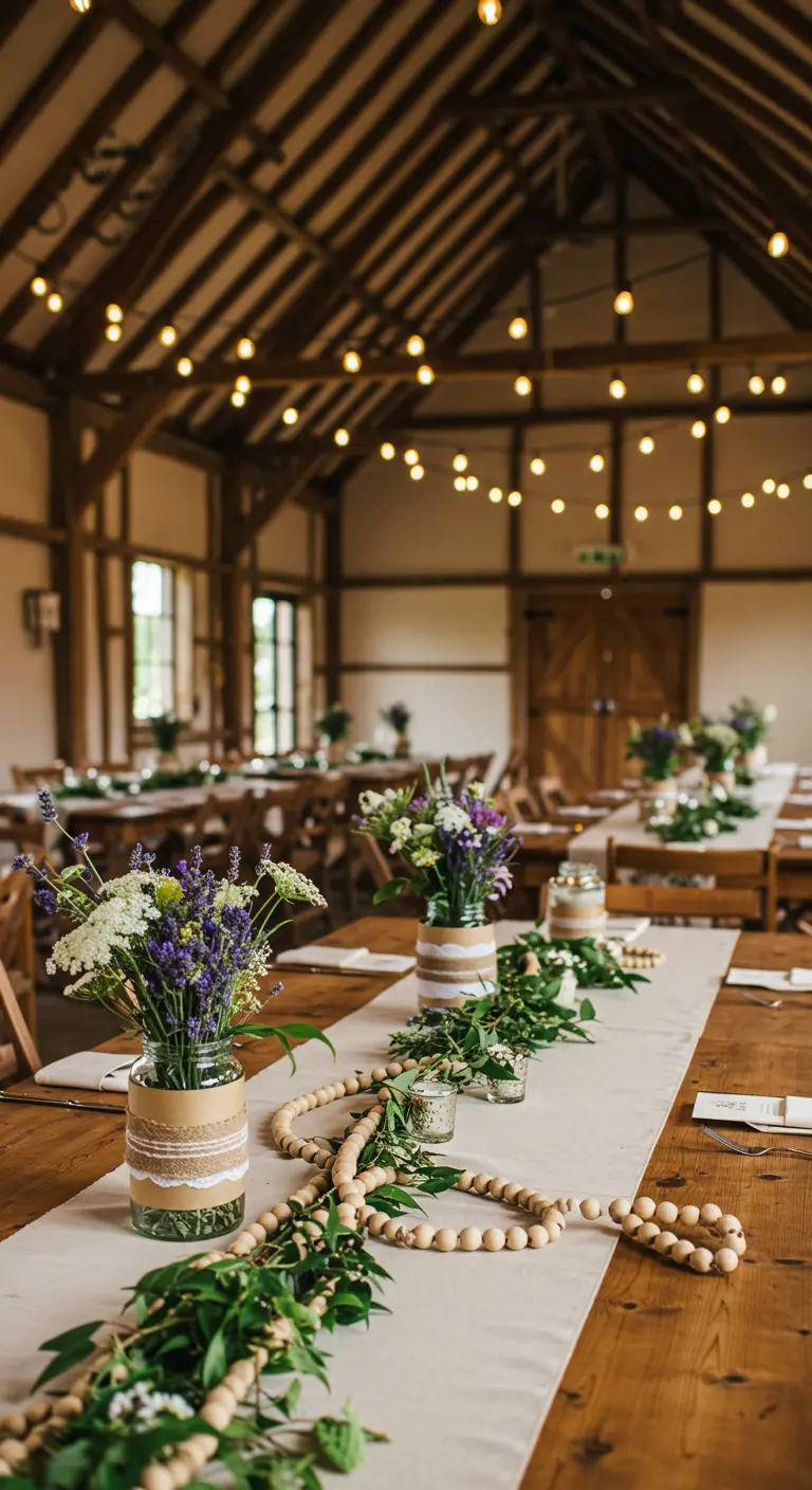 Rustic wood tables with wildflower jars, greenery, and natural wood bead garlands.