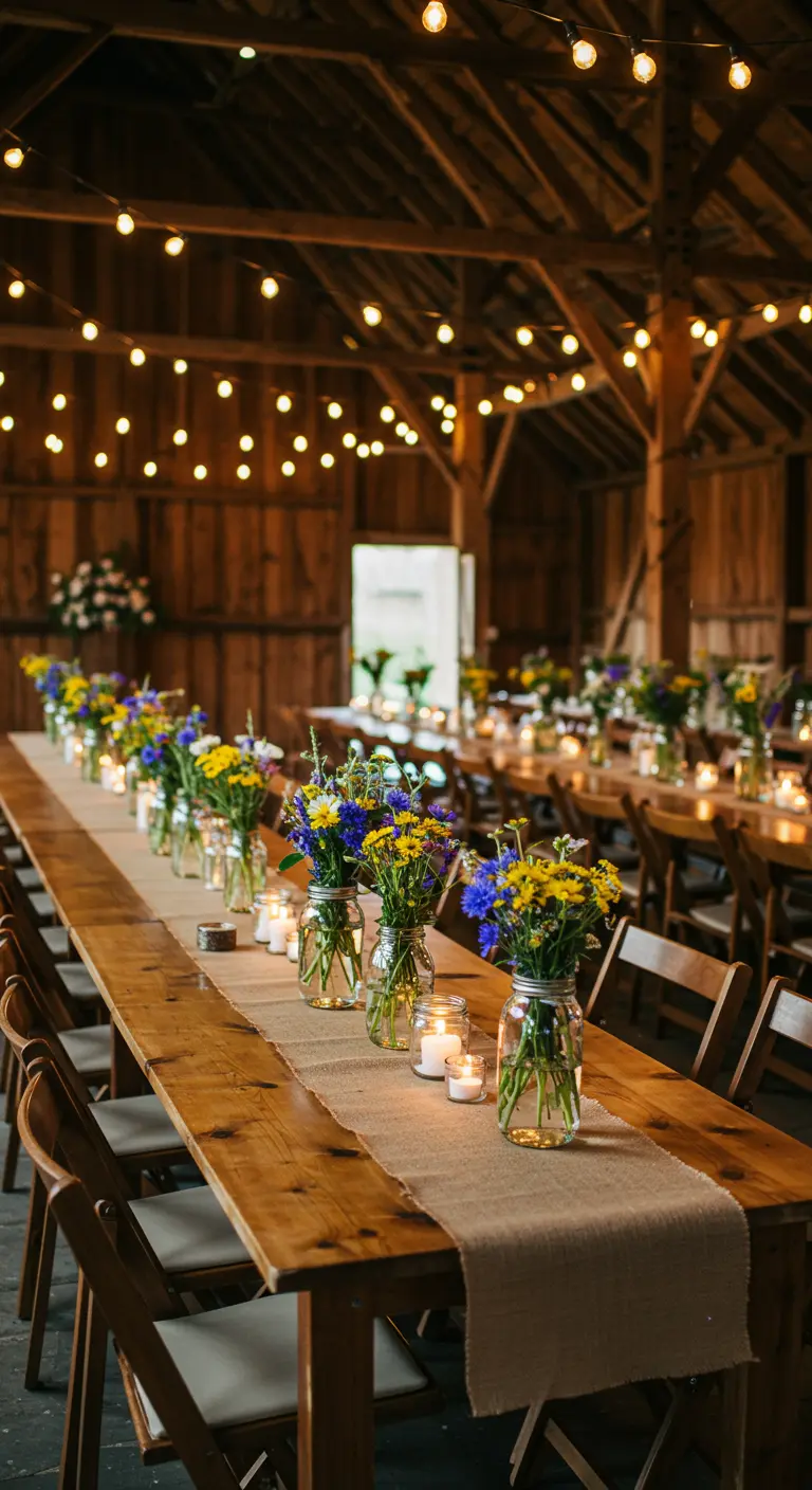 Long wooden table in a barn with string lights, Mason jar wildflower bouquets, and candles.