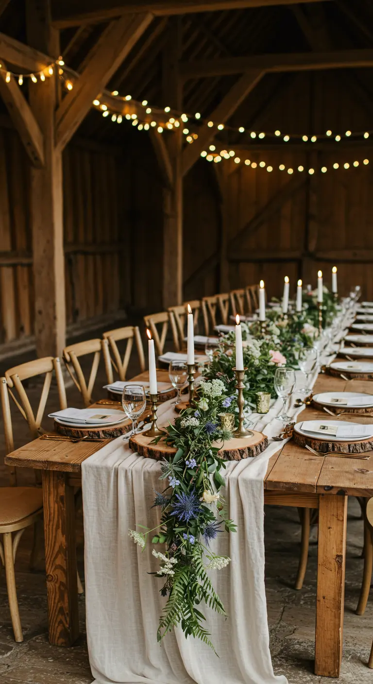 A long wooden table in a barn with a cascading greenery centerpiece and tall candles.