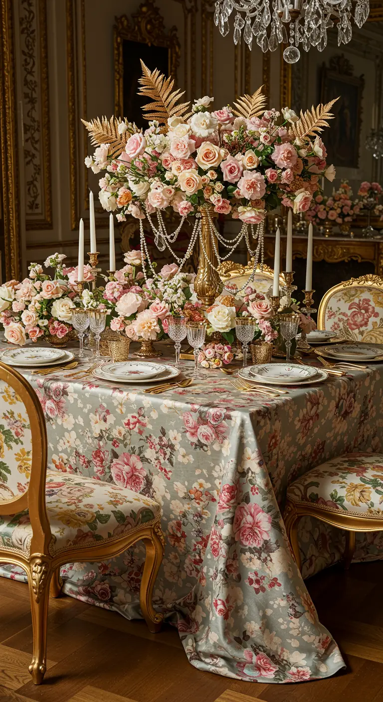 An opulent baroque-style table with a huge rose centerpiece, gold chairs, and pearl details.