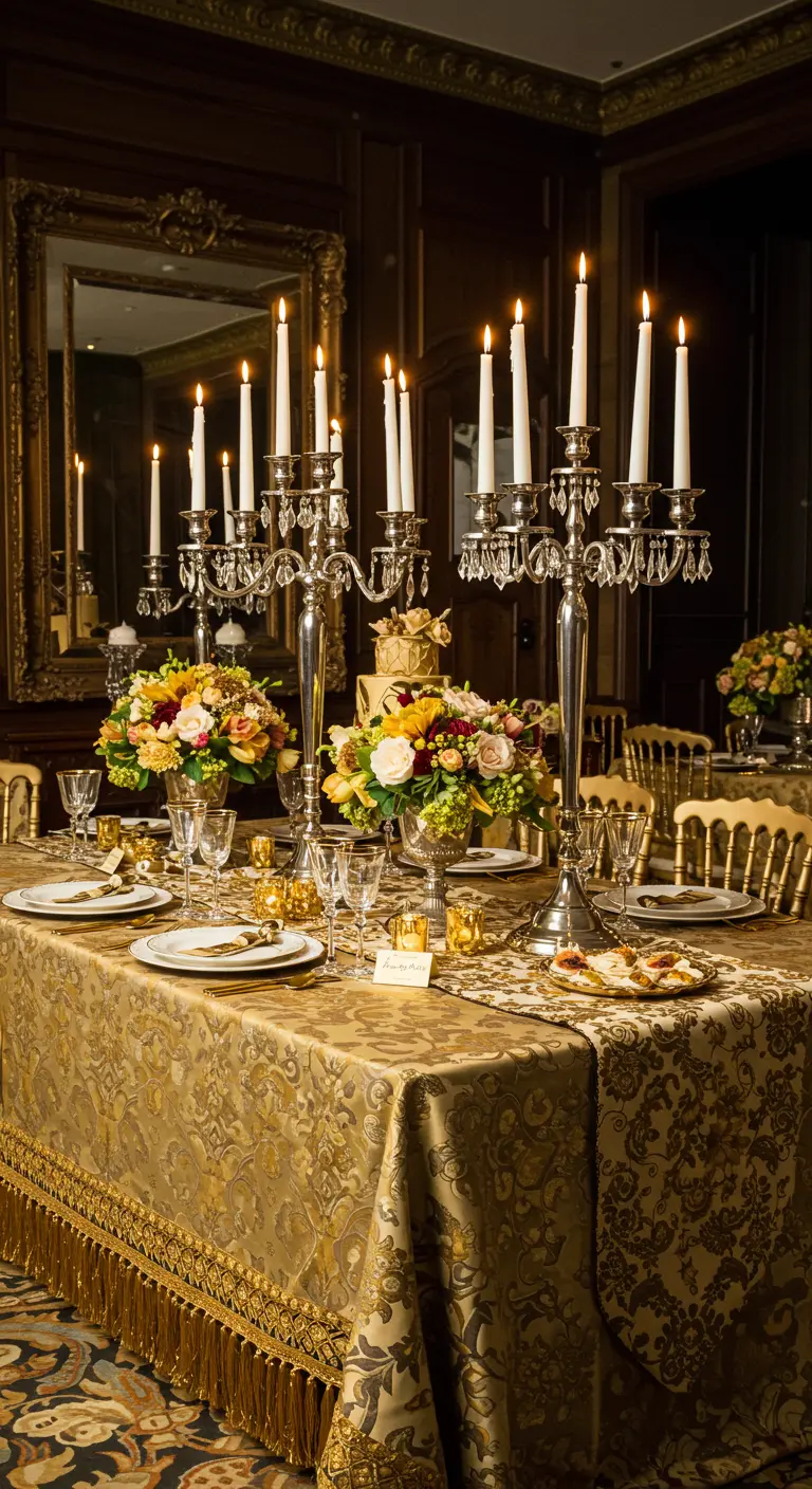 An opulent table with a gold damask tablecloth and towering silver candelabras.