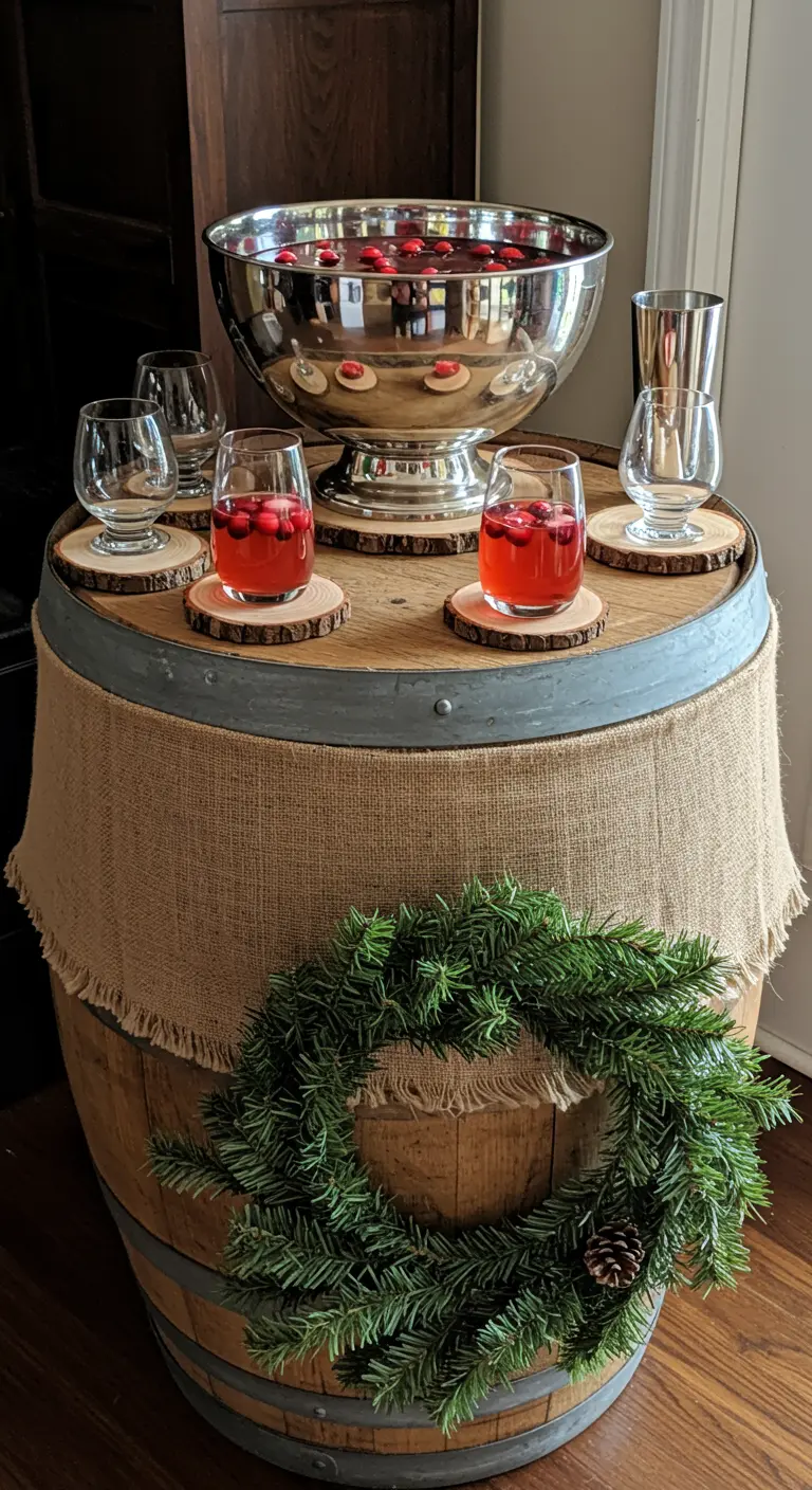 Holiday punch served from a bowl on a wine barrel wrapped in burlap.