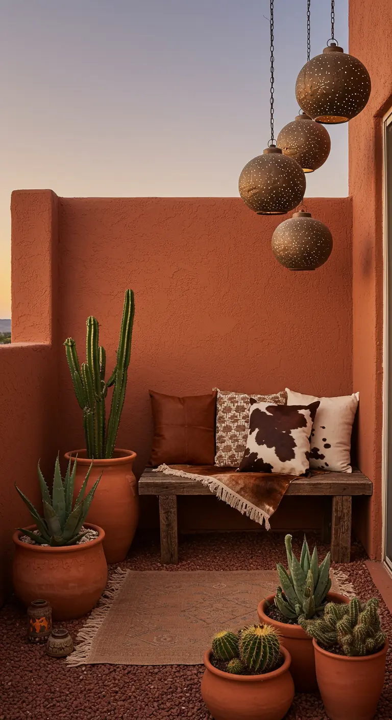A southwestern-style balcony with terracotta walls, a rustic bench, and cacti.