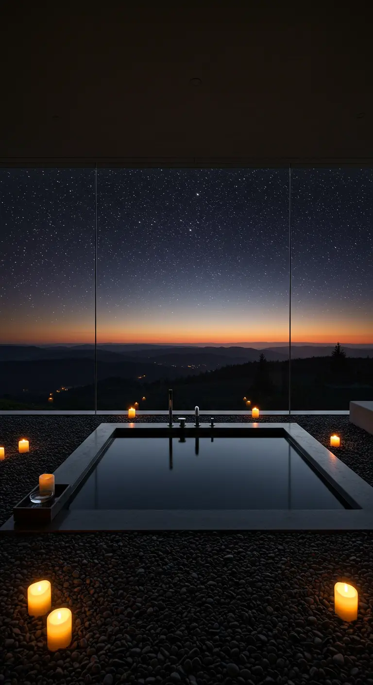 A sunken tub on a pebble floor surrounded by candles, with a view of a starry night sky.