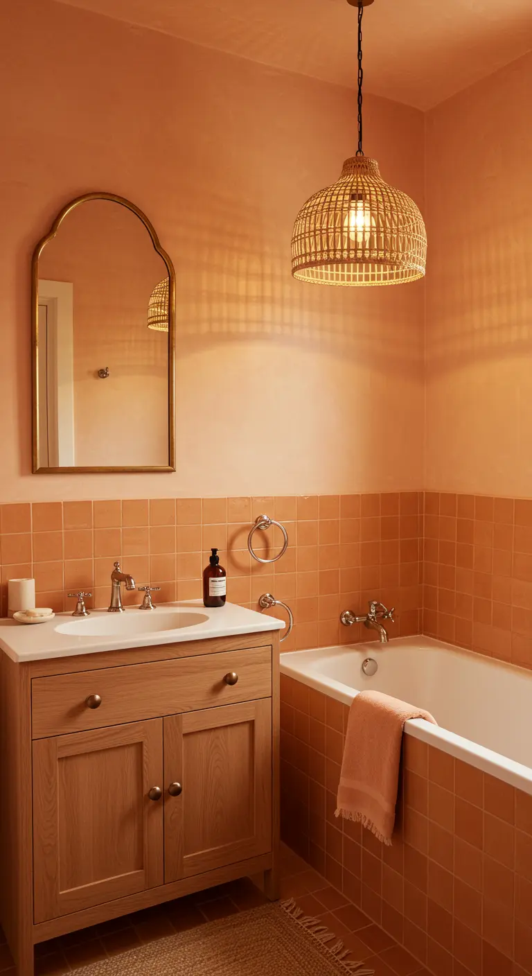 Warm bathroom with terracotta tiles, an oak vanity, and a rattan pendant light.