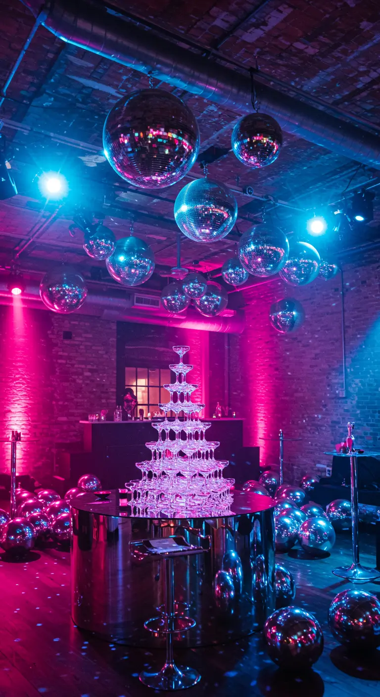 A party space with magenta and blue lighting, disco balls on the floor, and a champagne tower.