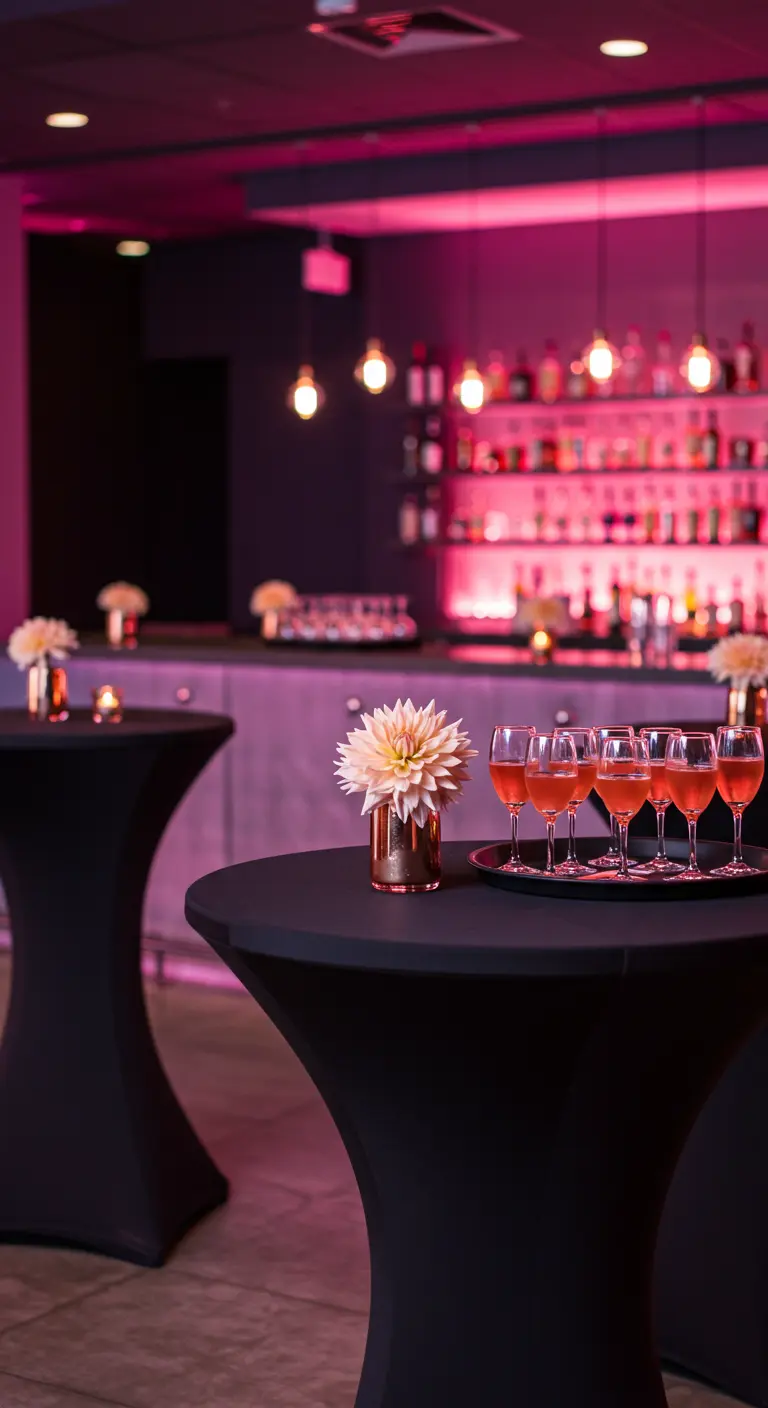 Bar and lounge area illuminated with dramatic pink and rose-colored uplighting.