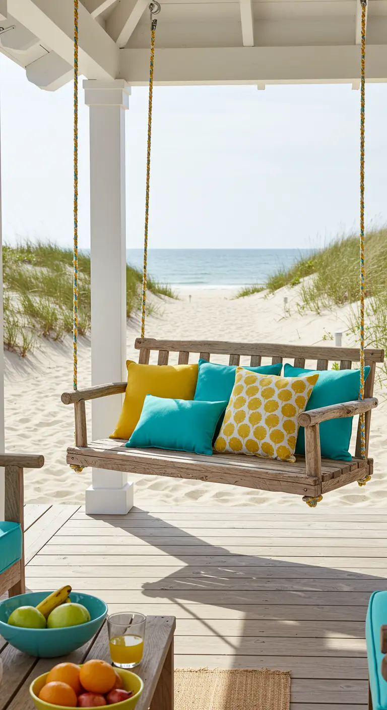 Wooden swing bench with yellow and aqua cushions on a beach house porch.