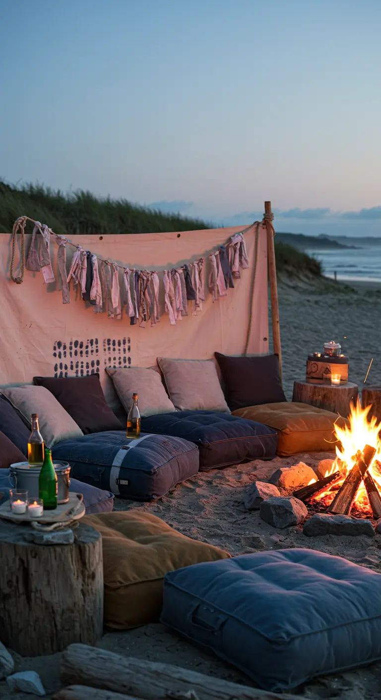 A fabric strip garland made of neutral tones hanging on a simple beach tent.