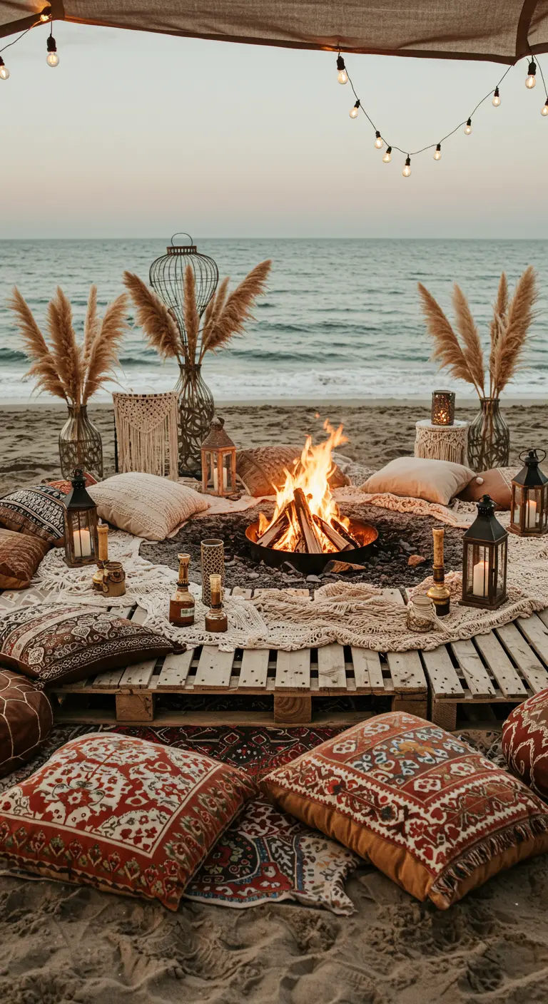 A beach bonfire surrounded by a pallet table, patterned cushions, pampas grass, and lanterns.