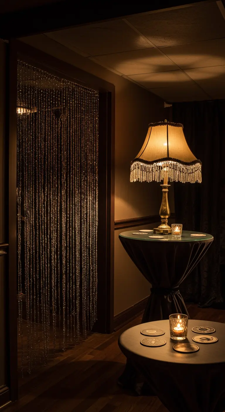 A beaded curtain hanging in a doorway, creating a shimmering effect in low light.