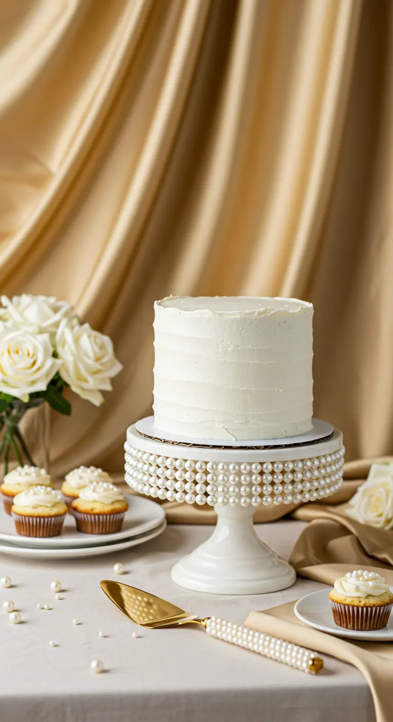 A white cake stand with its rim completely covered in rows of decorative pearls.