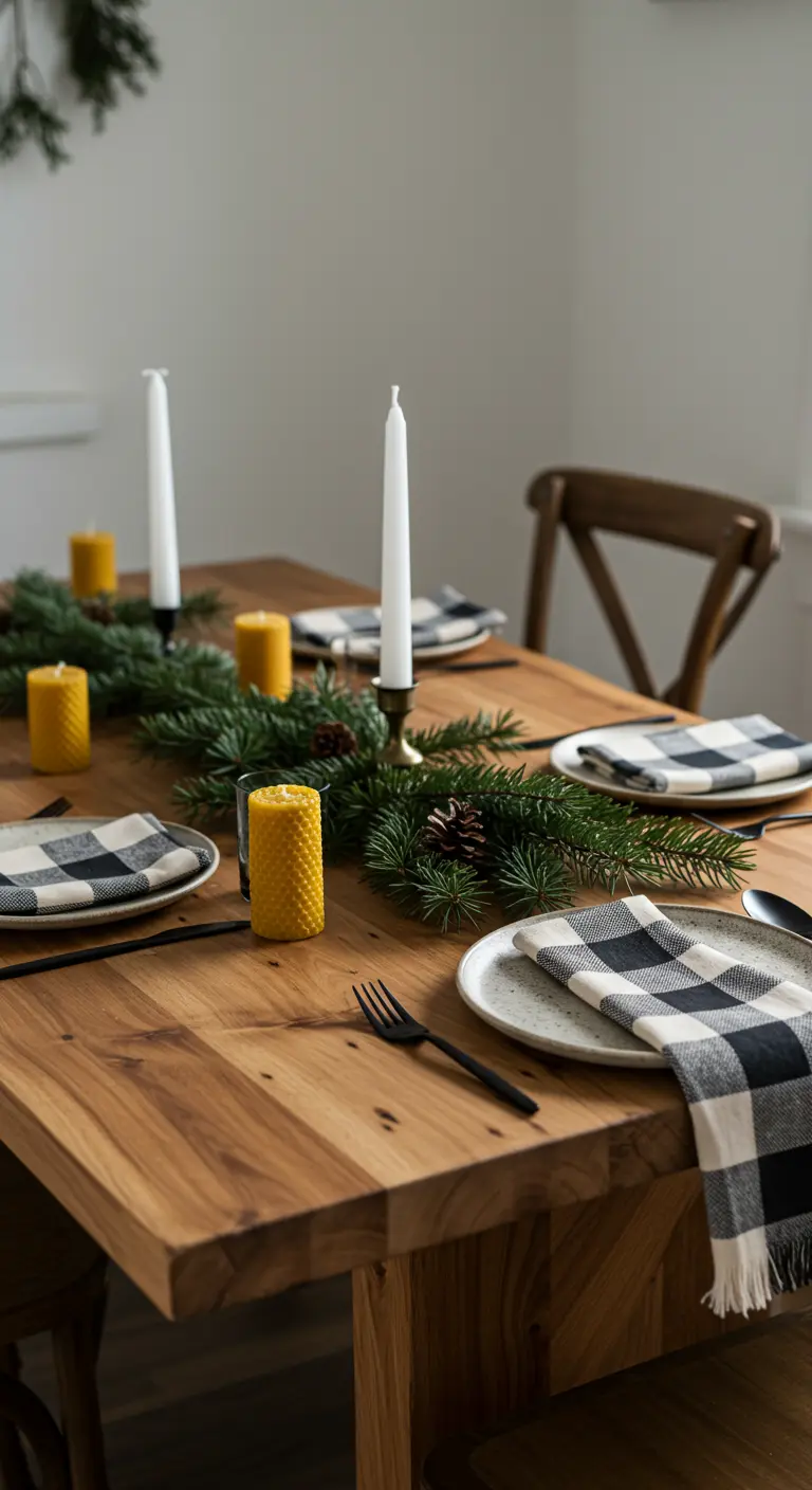 Minimalist wood table with beeswax candles, buffalo check napkins, and a simple evergreen runner.