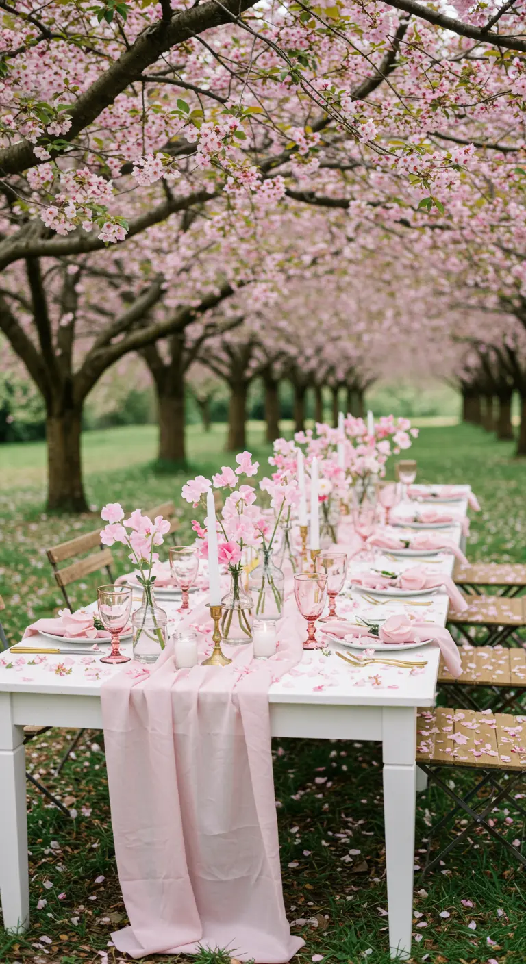 A long dining table set under a canopy of blooming pink cherry blossom trees.