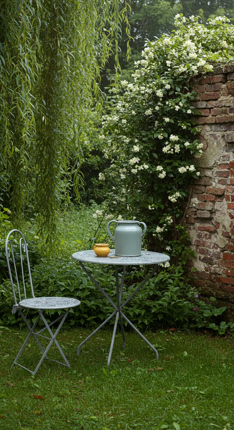 A grey bistro set on the grass near a brick wall and under a weeping willow.