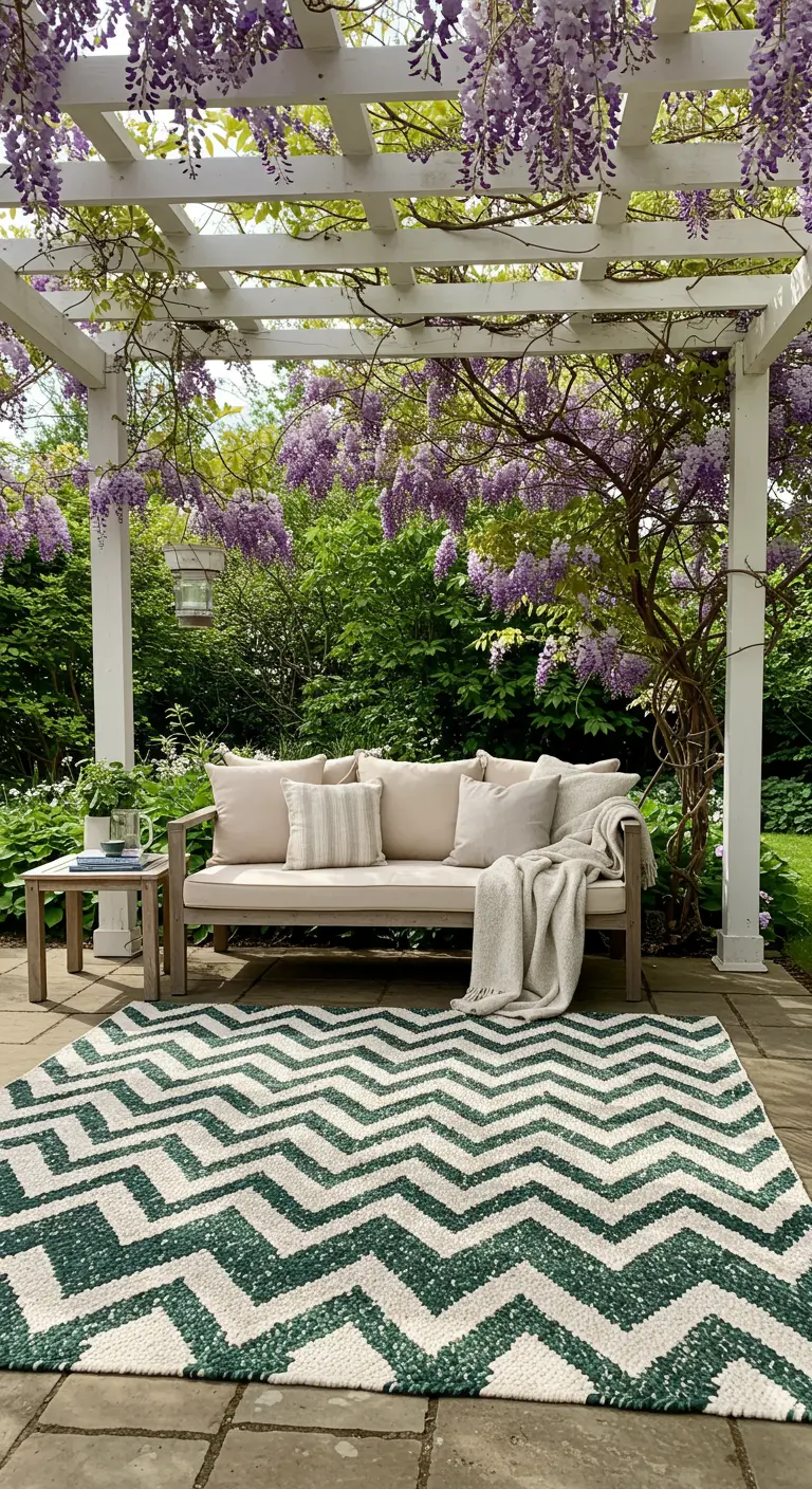 A green and white chevron rug under a white pergola covered in purple wisteria.