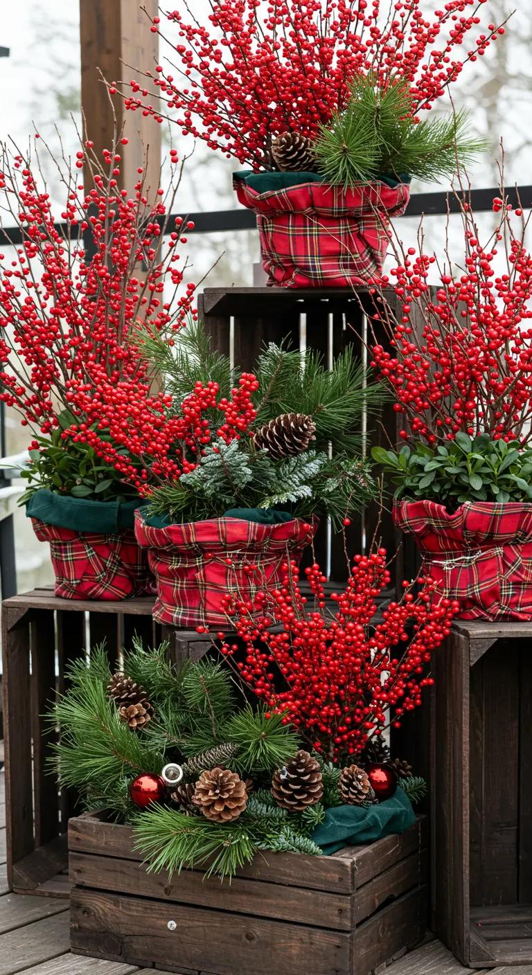Tiered display of wooden crates with red berries, evergreens, plaid wraps, and pinecones.