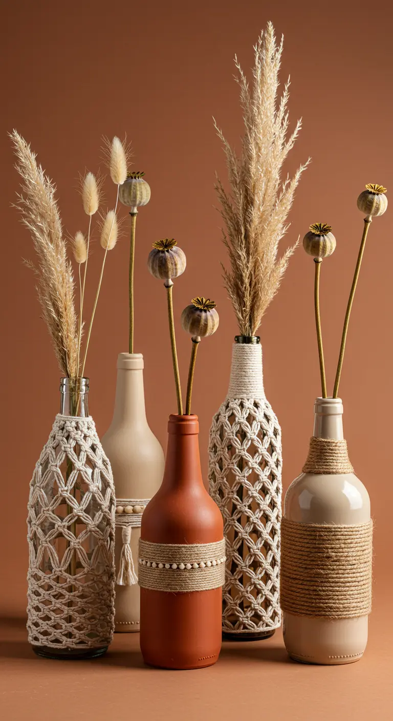 A collection of upcycled bottles decorated with paint, twine, and macramé, holding dried grasses.