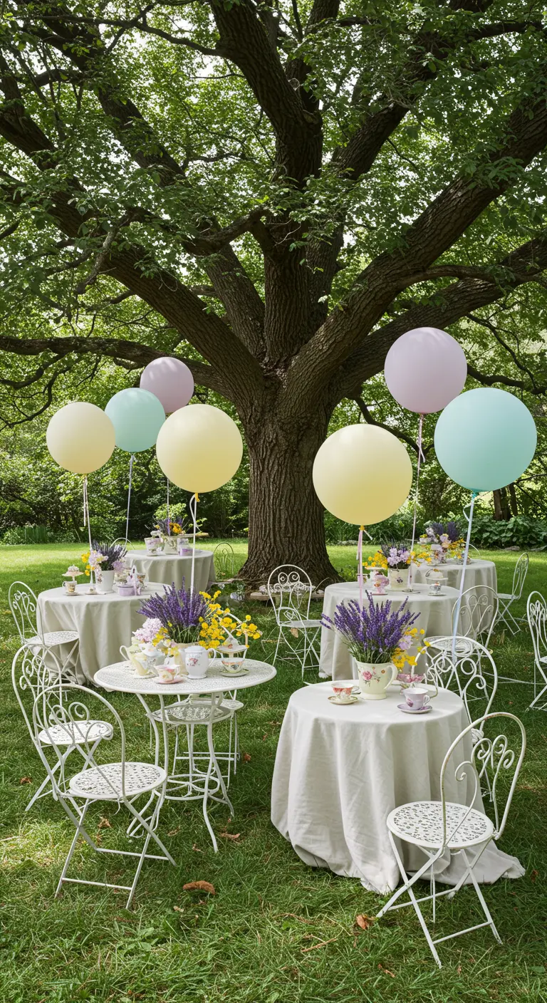 White bistro tables in a garden with large pastel balloons floating above.
