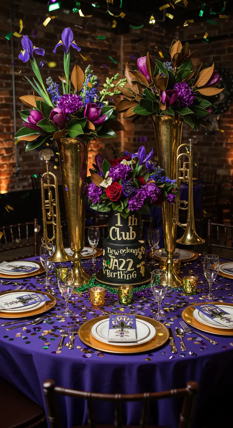 Mardi Gras themed tablescape with purple, green, and gold decor and trumpets.