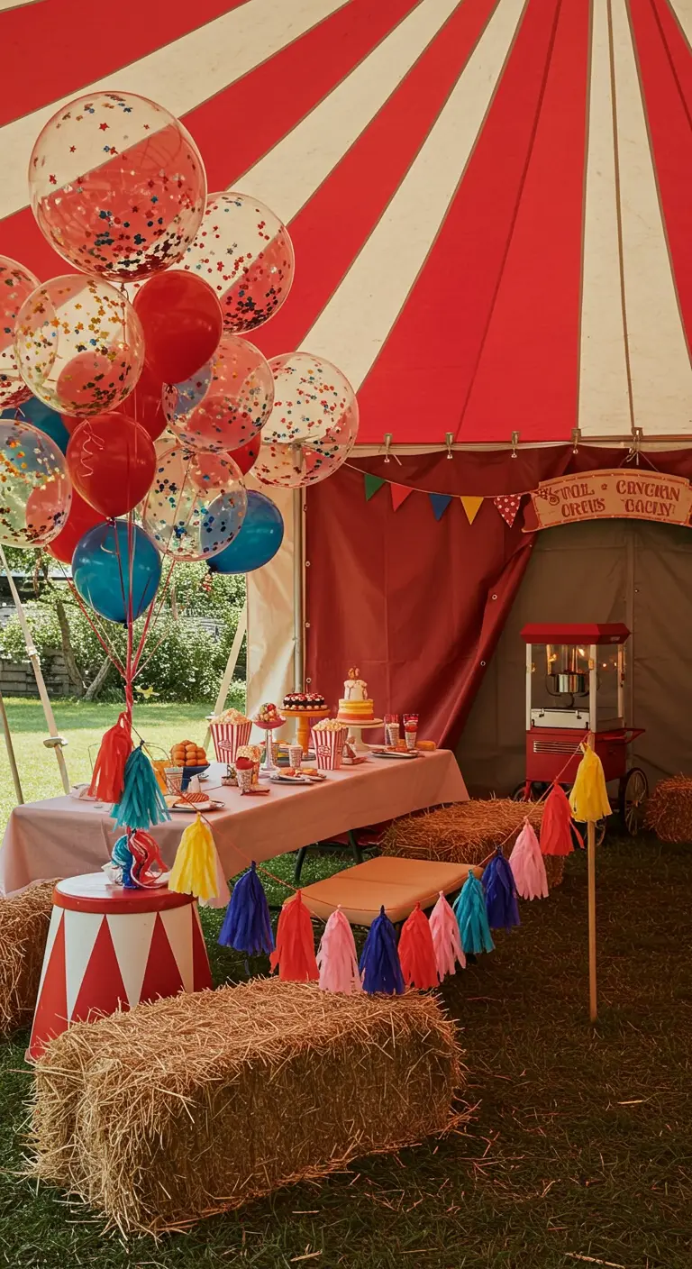 A carnival-themed party under a red and white tent with colorful balloons and hay bale seating.