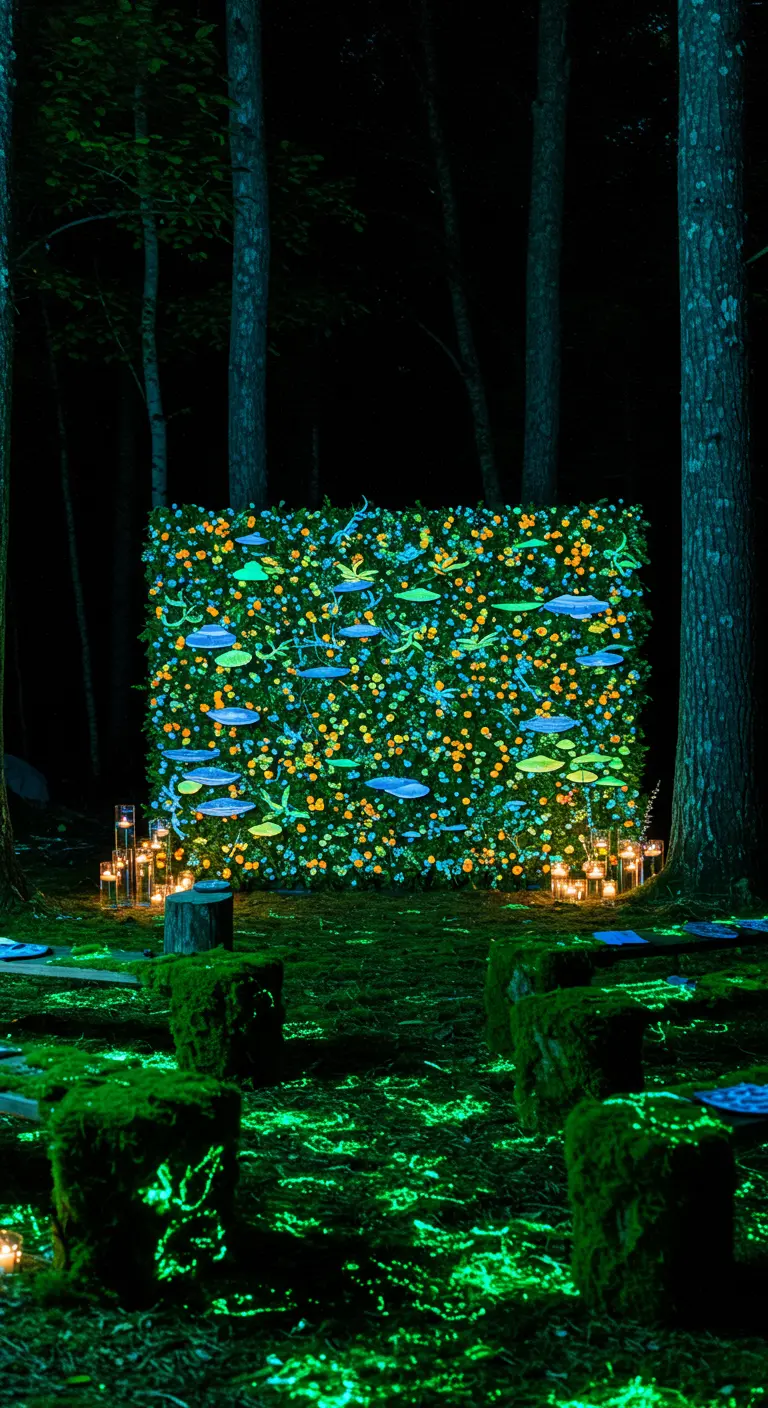A flower wall in a dark forest with elements that glow with blue and green light.