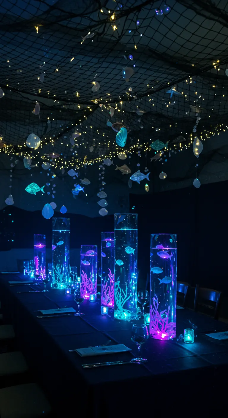 A dark dining table with tall glowing centerpieces lit from within by blue and pink LED lights.