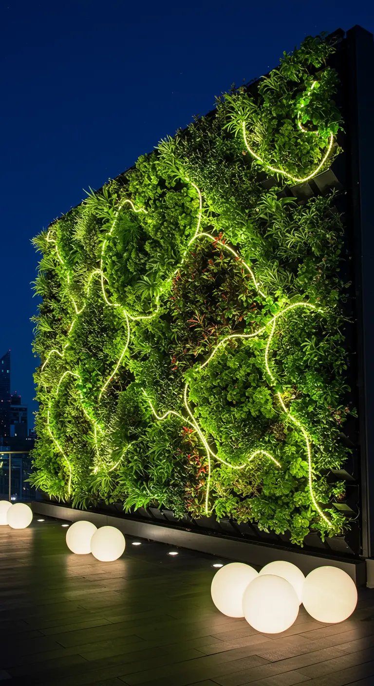 A lush vertical garden at night, with green LED rope lights weaving through the foliage like glowing vines.