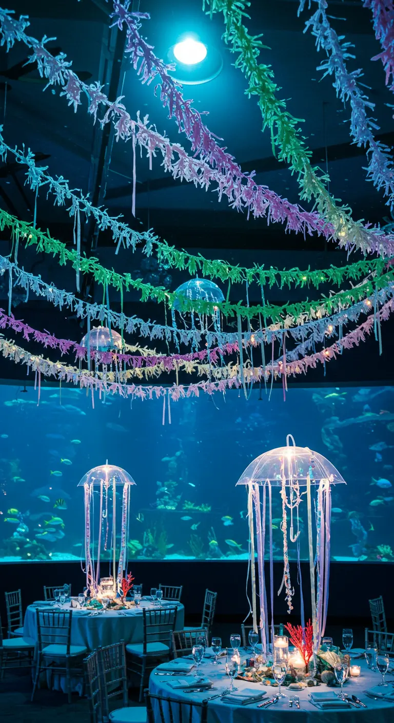 An event space in front of an aquarium with jellyfish-like lanterns and seaweed garlands.