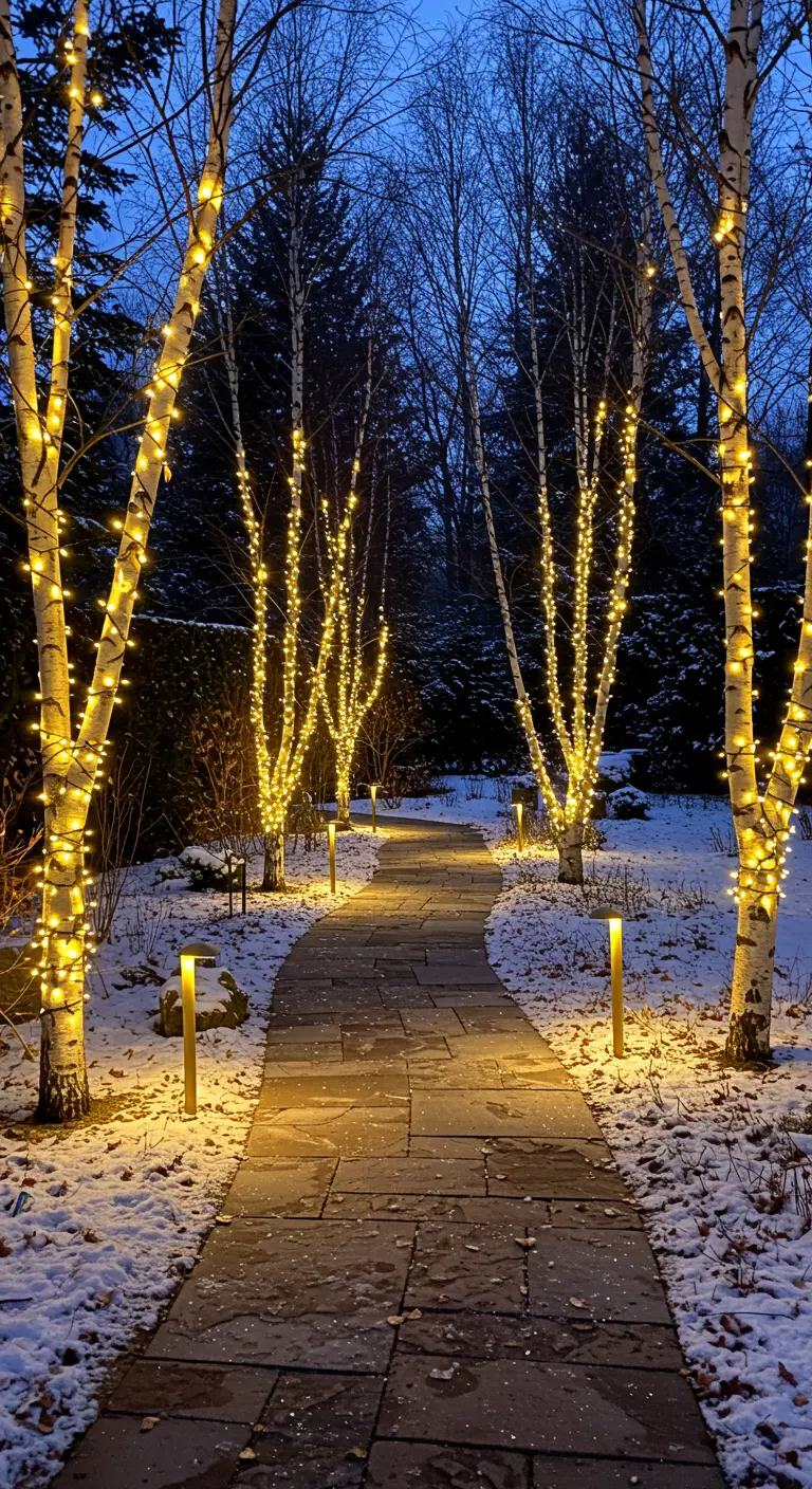 Snowy path flanked by birch trees wrapped in warm fairy lights at dusk.