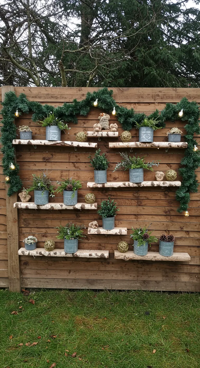 A wooden fence decorated with floating birch log shelves holding small potted plants.