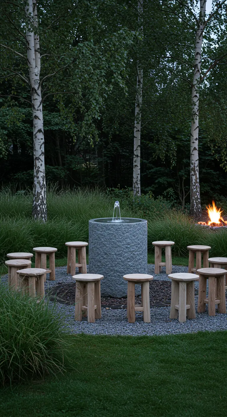 Simple wooden stools around a granite fountain, set among birch trees and ornamental grasses with a fire pit nearby.
