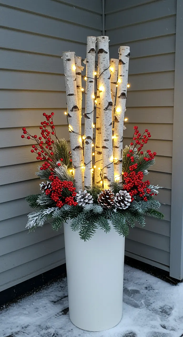 A tall white planter filled with a bundle of birch logs wrapped in fairy lights.