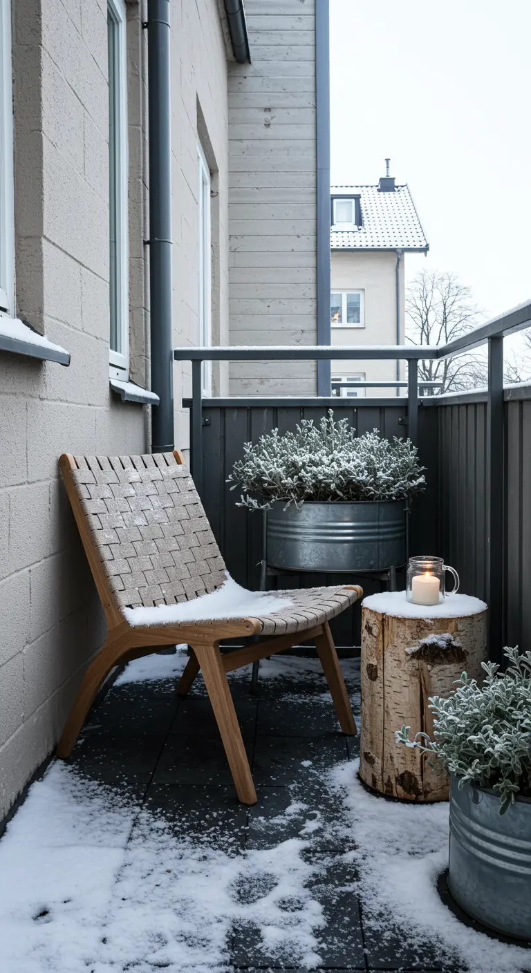 A modern wooden chair next to a birch log side table and galvanized planters on a snowy balcony.