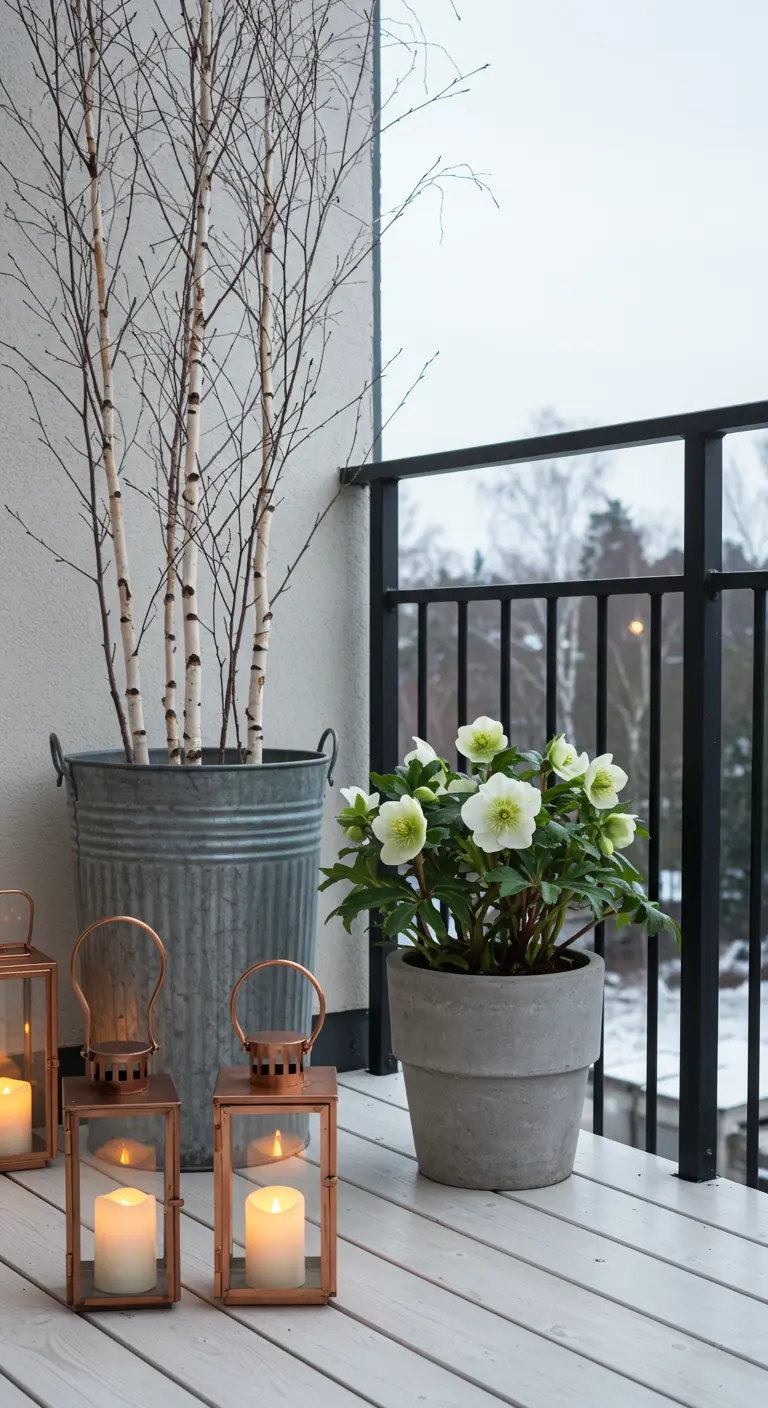 Balcony corner with birch branches in a zinc bucket, hellebores, and copper lanterns.