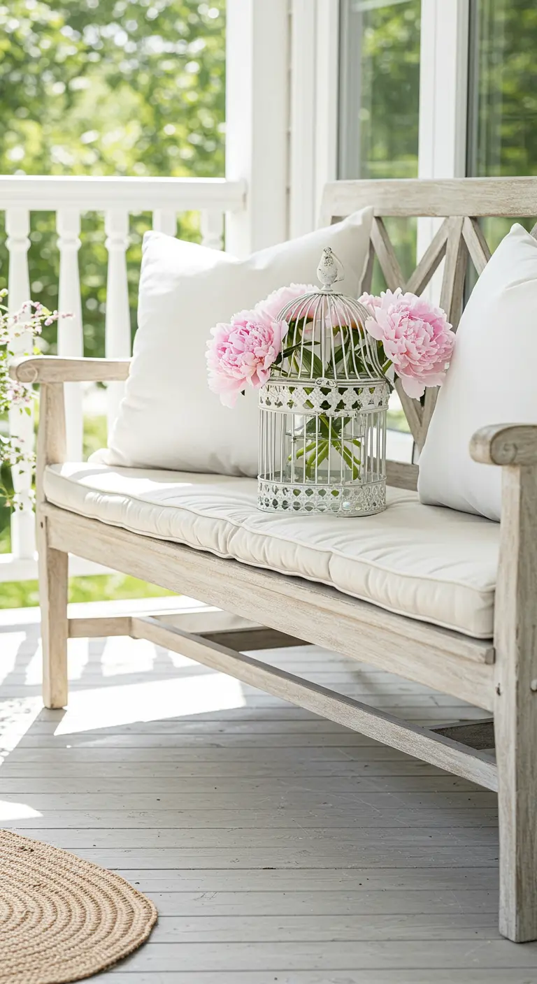 A white-washed wooden bench on a porch, holding a birdcage with pink peonies inside.
