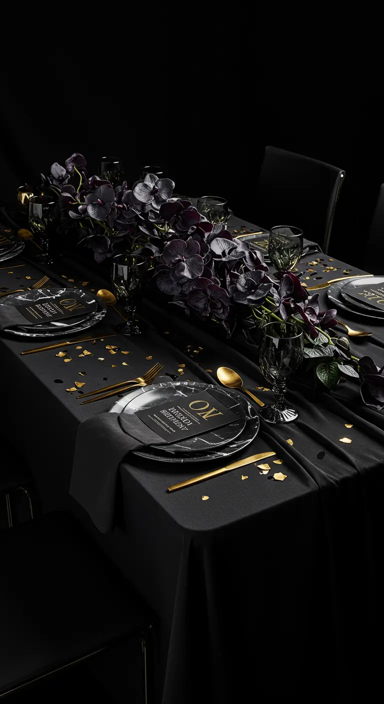 All-black tablescape with dark orchids, gold cutlery, and black marble plates.