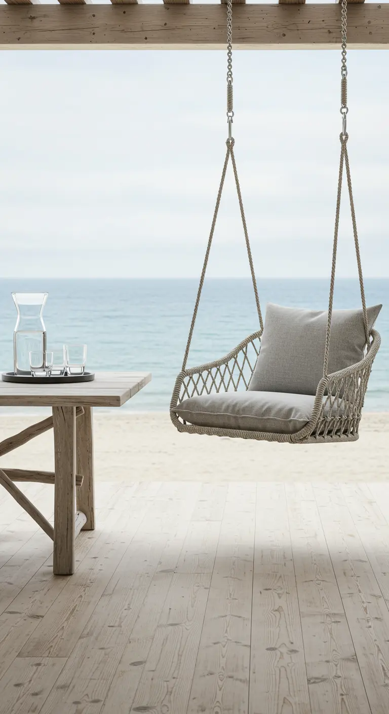Minimalist deck with a light wood table and a woven swing chair with chain details.