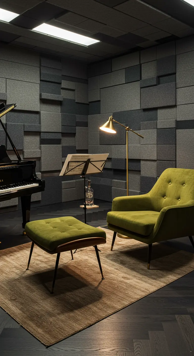 A music room with grey acoustic wall panels, a grand piano, and an olive green velvet armchair.