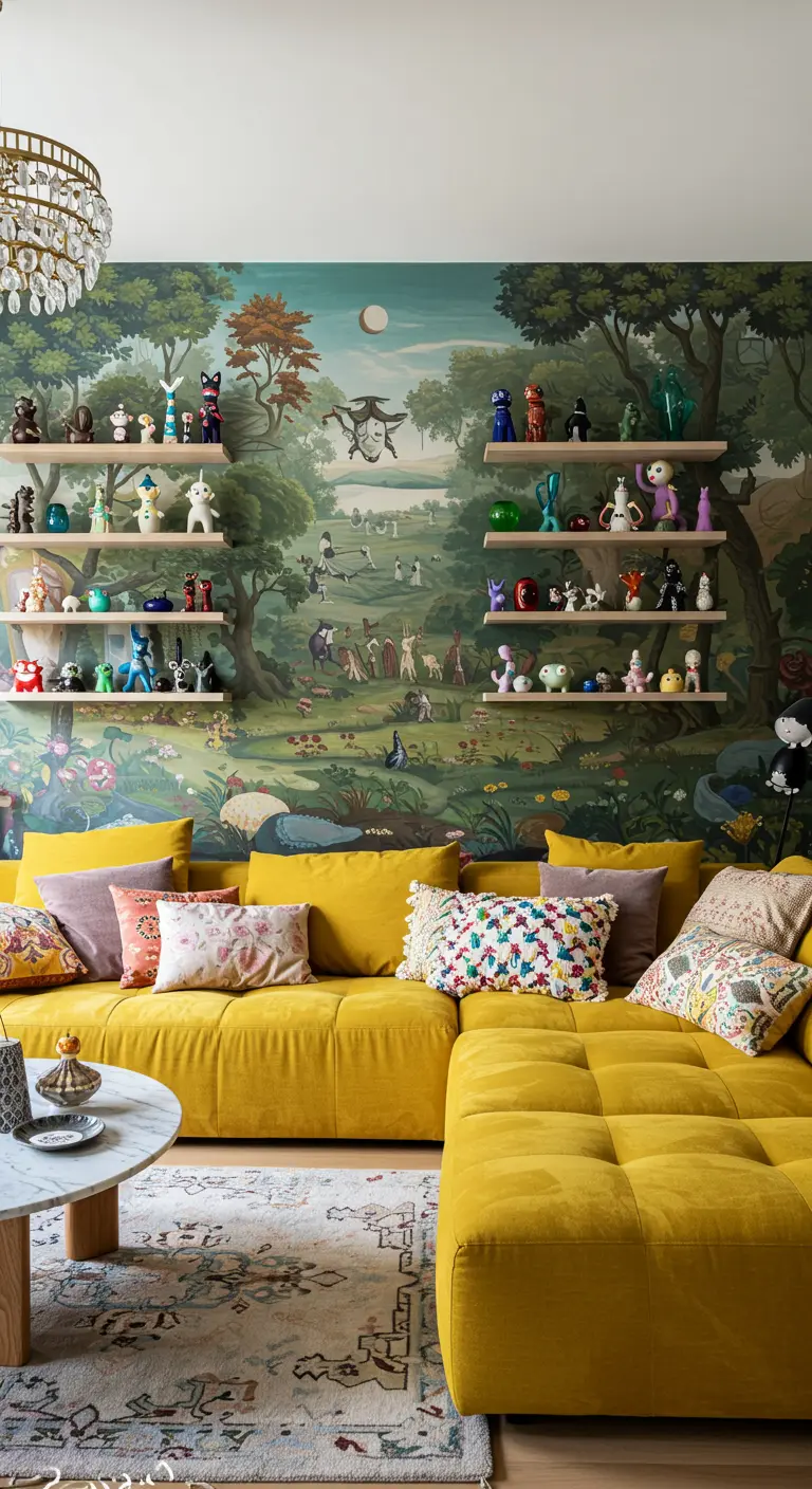 Living room with a landscape mural, a yellow sectional, and shelves with colorful figurines.